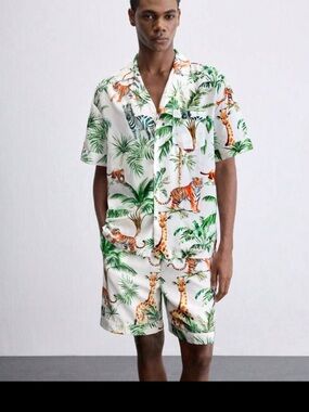 Tropical Animal Print Two-Piece Shirt & Short Set - White & Green